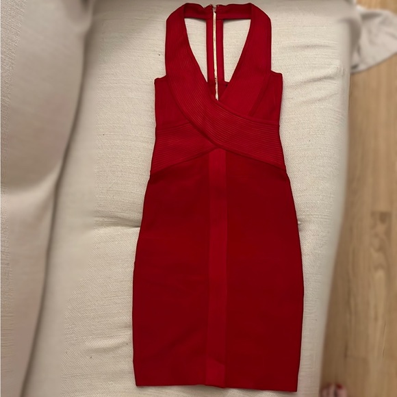 Guess Red Deep V-Neck Bodycon Bondage Midi Dress XS - Picture 3 of 4